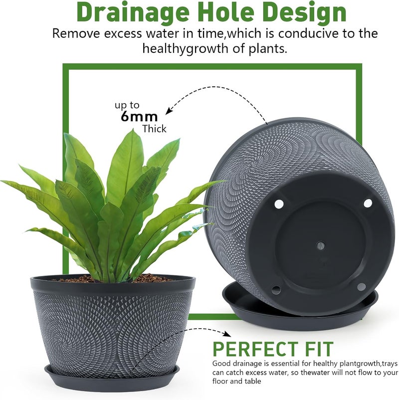 Quarut 10 Inch Flower Pots Planters for Outdoor Indoor, 3 Pack Plastic Plant Pots with Drainage Hole & Tray, Modern Decorative Garden Pot with Saucer, planters for House (Gray) - Image 4